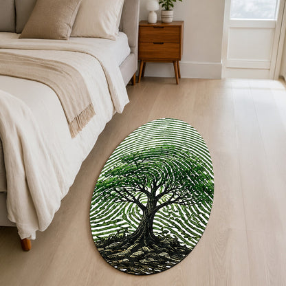 Tree of Life Fingerprint Shape Flat Rug | Nature Oval Area Flat Rug | Botanical Fingerprint Art Flat Rug for Modern Home Décor