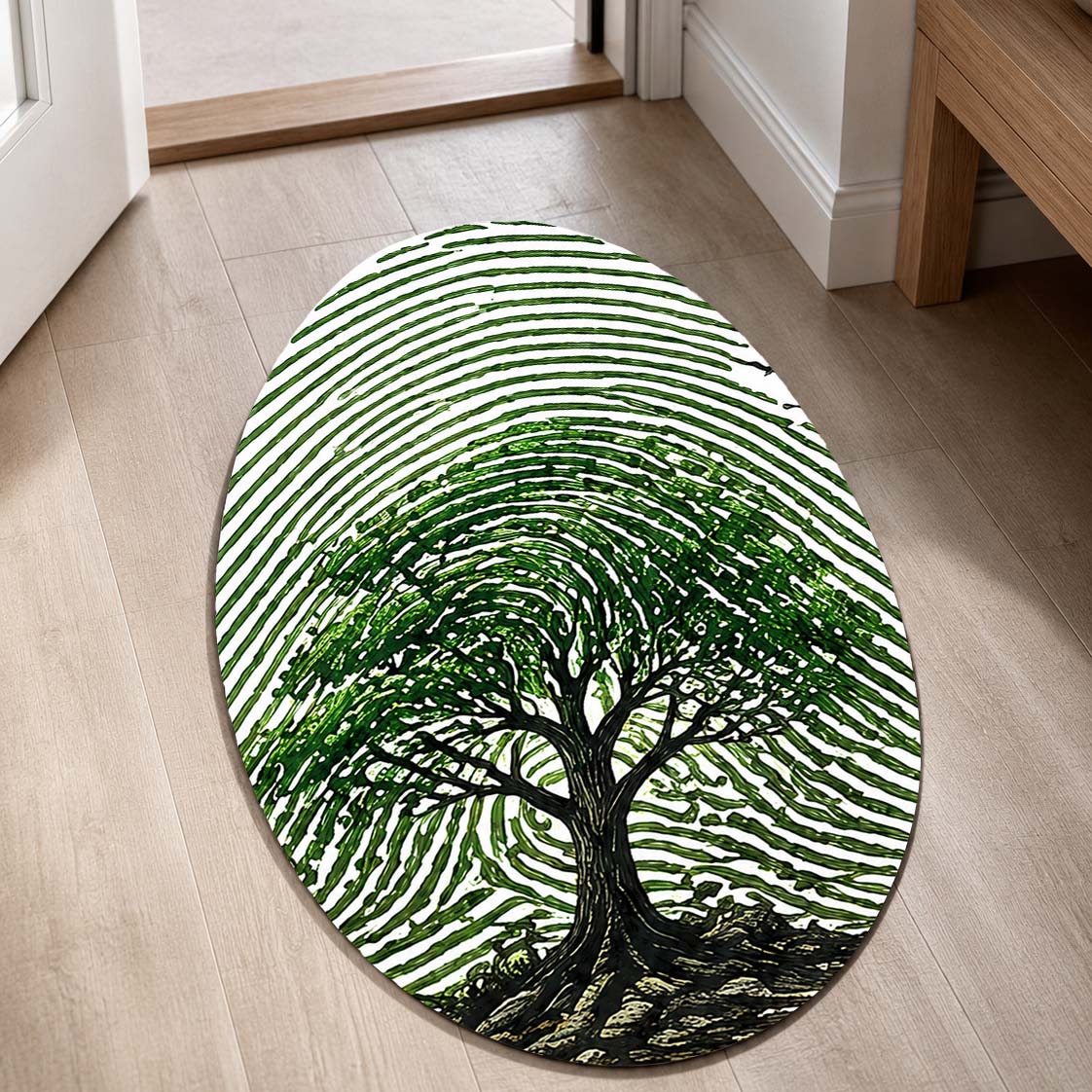 Tree of Life Fingerprint Shape Flat Rug | Nature Oval Area Flat Rug | Botanical Fingerprint Art Flat Rug for Modern Home Décor