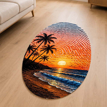 Tropical Sunset Beach Fingerprint Shape Flat Rug | Ocean Palm Tree Oval Area Flat Rug | Coastal Fingerprint Art Flat Rug for Modern Home Décor