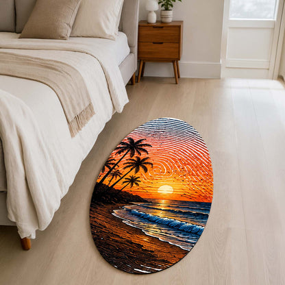 Tropical Sunset Beach Fingerprint Shape Flat Rug | Ocean Palm Tree Oval Area Flat Rug | Coastal Fingerprint Art Flat Rug for Modern Home Décor