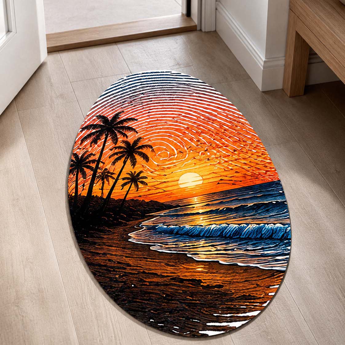 Tropical Sunset Beach Fingerprint Shape Flat Rug | Ocean Palm Tree Oval Area Flat Rug | Coastal Fingerprint Art Flat Rug for Modern Home Décor