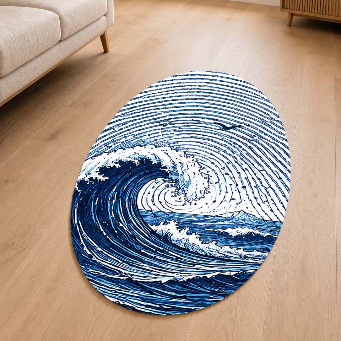 Ocean Wave Fingerprint Shape Flat Rug | Coastal Sea Wave Oval Area Flat Rug | Blue Fingerprint Art Flat Rug for Beach House & Modern Home Décor