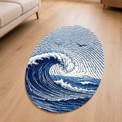 Ocean Wave Fingerprint Shape Flat Rug | Coastal Sea Wave Oval Area Flat Rug | Blue Fingerprint Art Flat Rug for Beach House & Modern Home Décor
