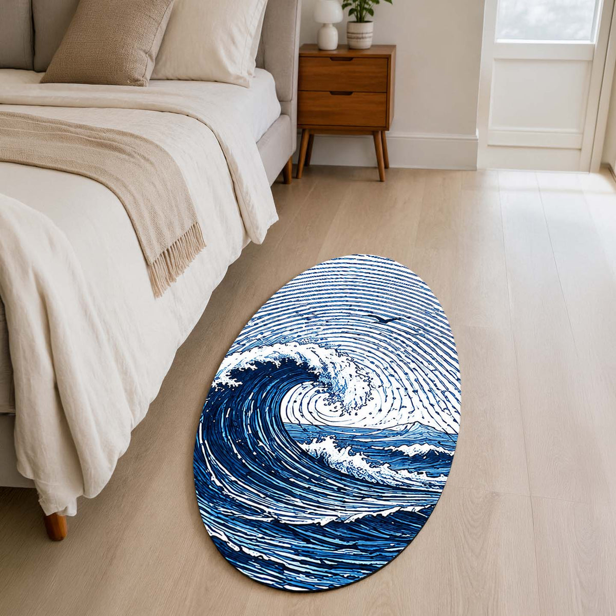 Ocean Wave Fingerprint Shape Flat Rug | Coastal Sea Wave Oval Area Flat Rug | Blue Fingerprint Art Flat Rug for Beach House & Modern Home Décor