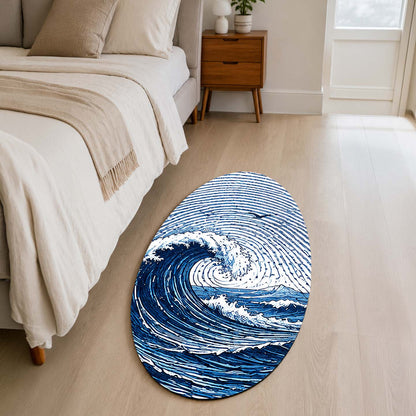 Ocean Wave Fingerprint Shape Flat Rug | Coastal Sea Wave Oval Area Flat Rug | Blue Fingerprint Art Flat Rug for Beach House & Modern Home Décor