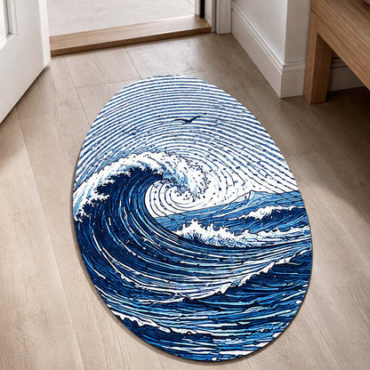 Ocean Wave Fingerprint Shape Flat Rug | Coastal Sea Wave Oval Area Flat Rug | Blue Fingerprint Art Flat Rug for Beach House & Modern Home Décor