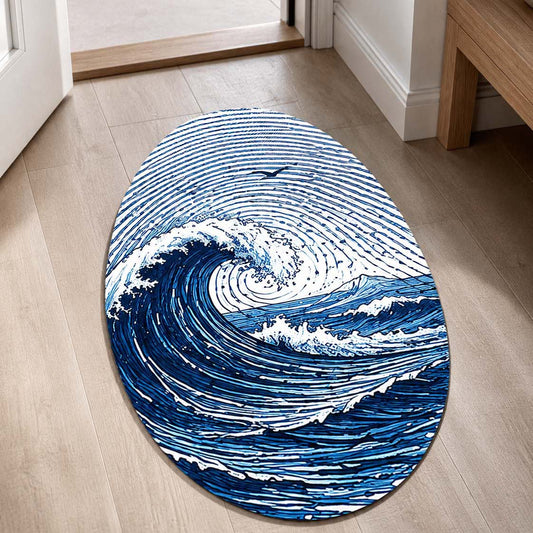 Ocean Wave Fingerprint Shape Flat Rug | Coastal Sea Wave Oval Area Flat Rug | Blue Fingerprint Art Flat Rug for Beach House & Modern Home Décor