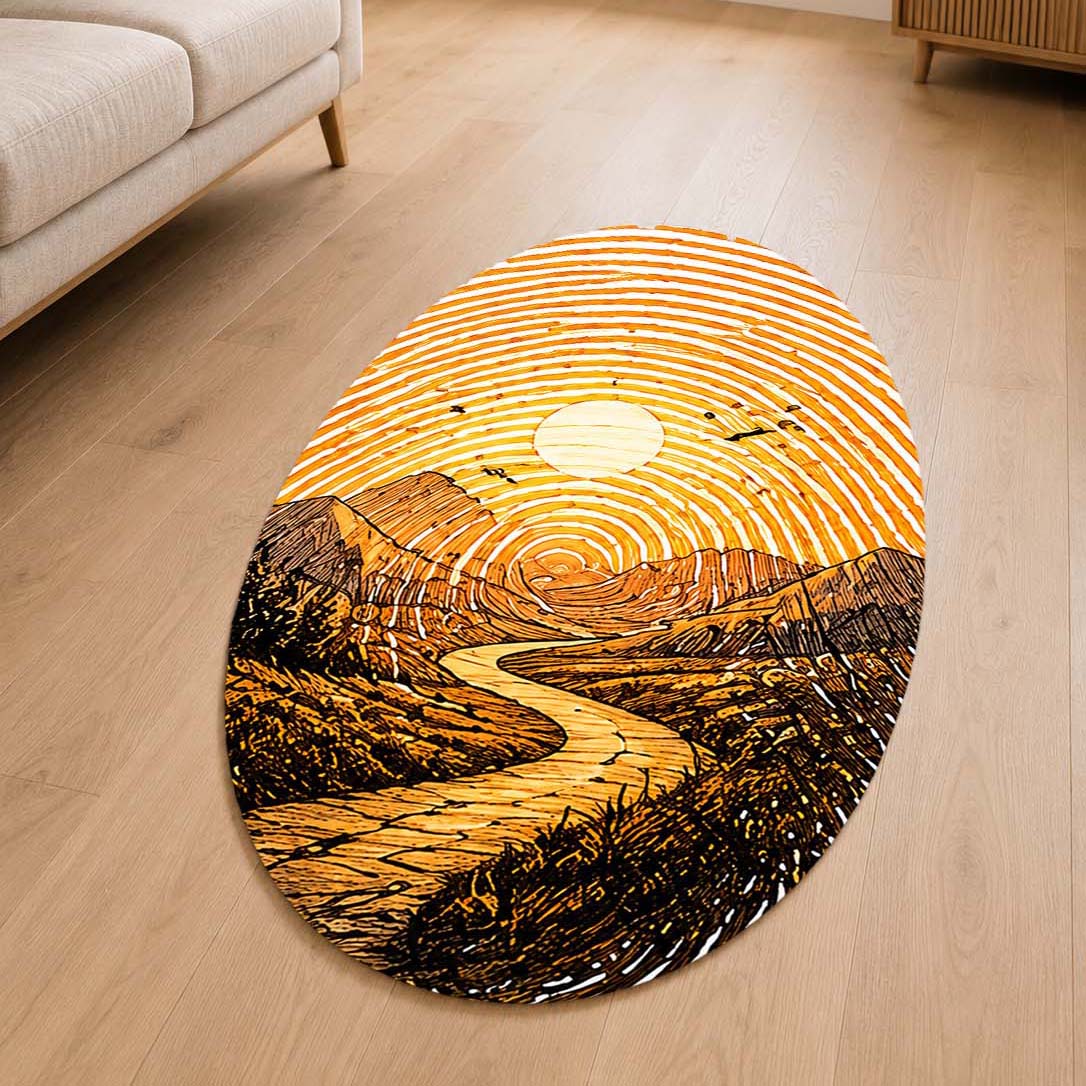 Golden Mountain Road Fingerprint Shape Flat Rug | Scenic Landscape Oval Area Flat Rug | Sunset Fingerprint Art Flat Rug for Rustic & Modern Home Décor