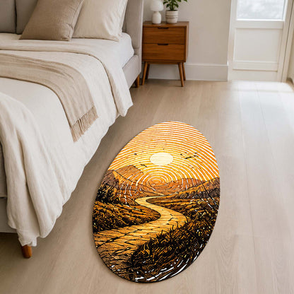 Golden Mountain Road Fingerprint Shape Flat Rug | Scenic Landscape Oval Area Flat Rug | Sunset Fingerprint Art Flat Rug for Rustic & Modern Home Décor