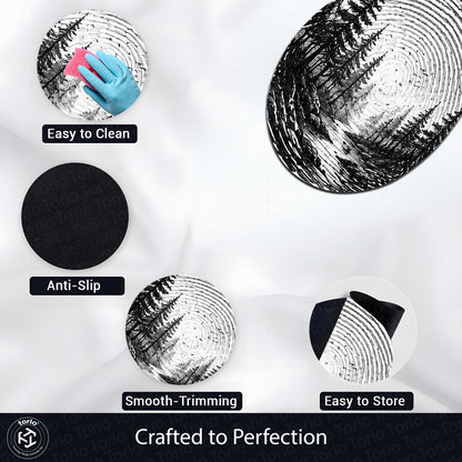 Monochrome Forest Fingerprint Shape Flat Rug | Black & White Woodland Oval Area Flat Rug | Minimalist Nature Fingerprint Art Flat Rug