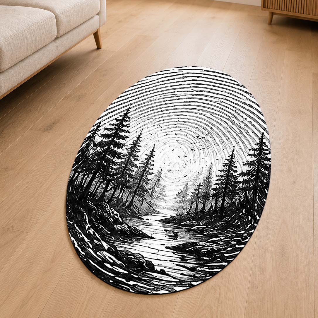 Monochrome Forest Fingerprint Shape Flat Rug | Black & White Woodland Oval Area Flat Rug | Minimalist Nature Fingerprint Art Flat Rug