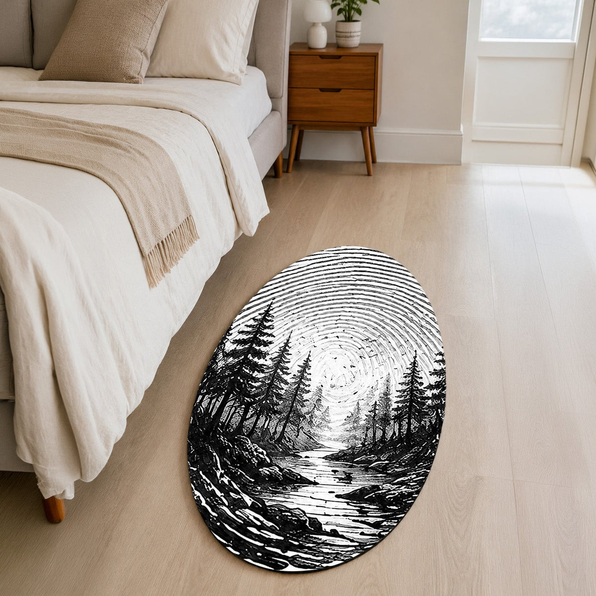 Monochrome Forest Fingerprint Shape Flat Rug | Black & White Woodland Oval Area Flat Rug | Minimalist Nature Fingerprint Art Flat Rug