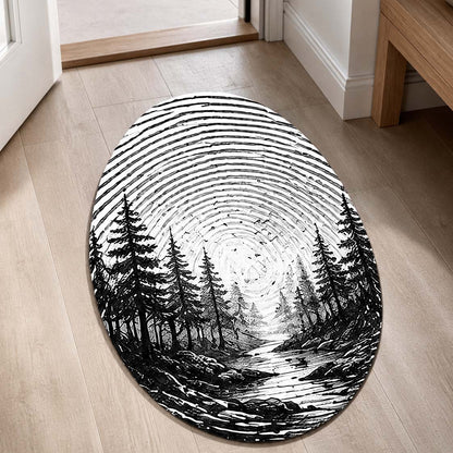 Monochrome Forest Fingerprint Shape Flat Rug | Black & White Woodland Oval Area Flat Rug | Minimalist Nature Fingerprint Art Flat Rug