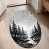 Monochrome Forest Fingerprint Shape Flat Rug | Black & White Woodland Oval Area Flat Rug | Minimalist Nature Fingerprint Art Flat Rug