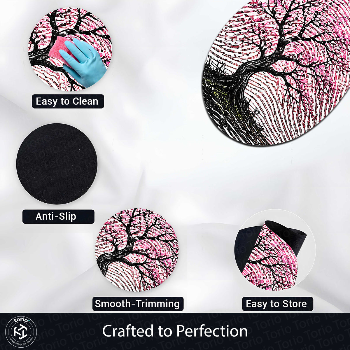 Pink Blossom Tree Fingerprint Shape Flat Rug | Cherry Blossom Oval Area Flat Rug | Artistic Fingerprint Nature Flat Rug for Modern Home Décor