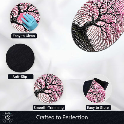 Pink Blossom Tree Fingerprint Shape Flat Rug | Cherry Blossom Oval Area Flat Rug | Artistic Fingerprint Nature Flat Rug for Modern Home Décor