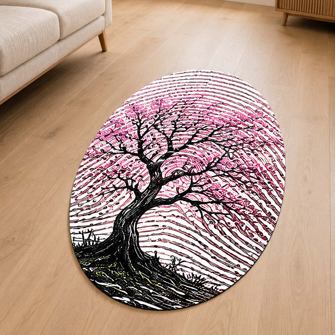 Pink Blossom Tree Fingerprint Shape Flat Rug | Cherry Blossom Oval Area Flat Rug | Artistic Fingerprint Nature Flat Rug for Modern Home Décor