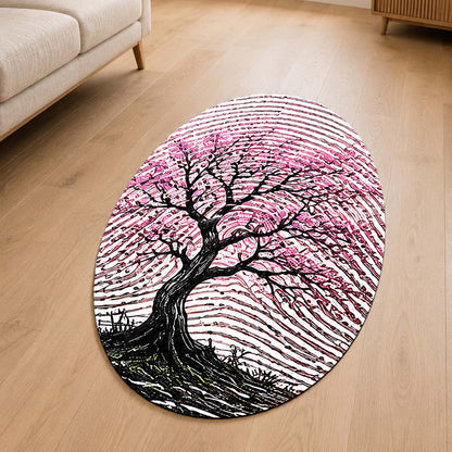 Pink Blossom Tree Fingerprint Shape Flat Rug | Cherry Blossom Oval Area Flat Rug | Artistic Fingerprint Nature Flat Rug for Modern Home Décor