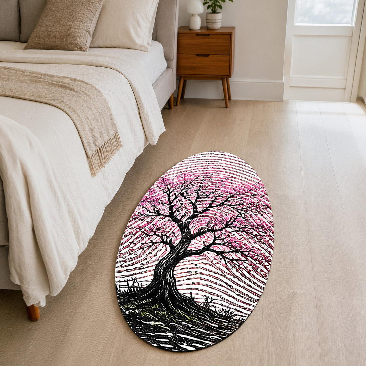 Pink Blossom Tree Fingerprint Shape Flat Rug | Cherry Blossom Oval Area Flat Rug | Artistic Fingerprint Nature Flat Rug for Modern Home Décor