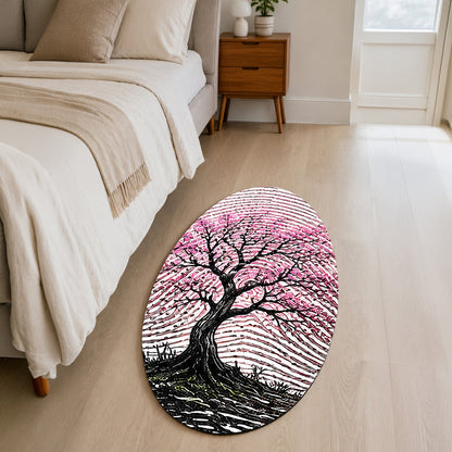 Pink Blossom Tree Fingerprint Shape Flat Rug | Cherry Blossom Oval Area Flat Rug | Artistic Fingerprint Nature Flat Rug for Modern Home Décor