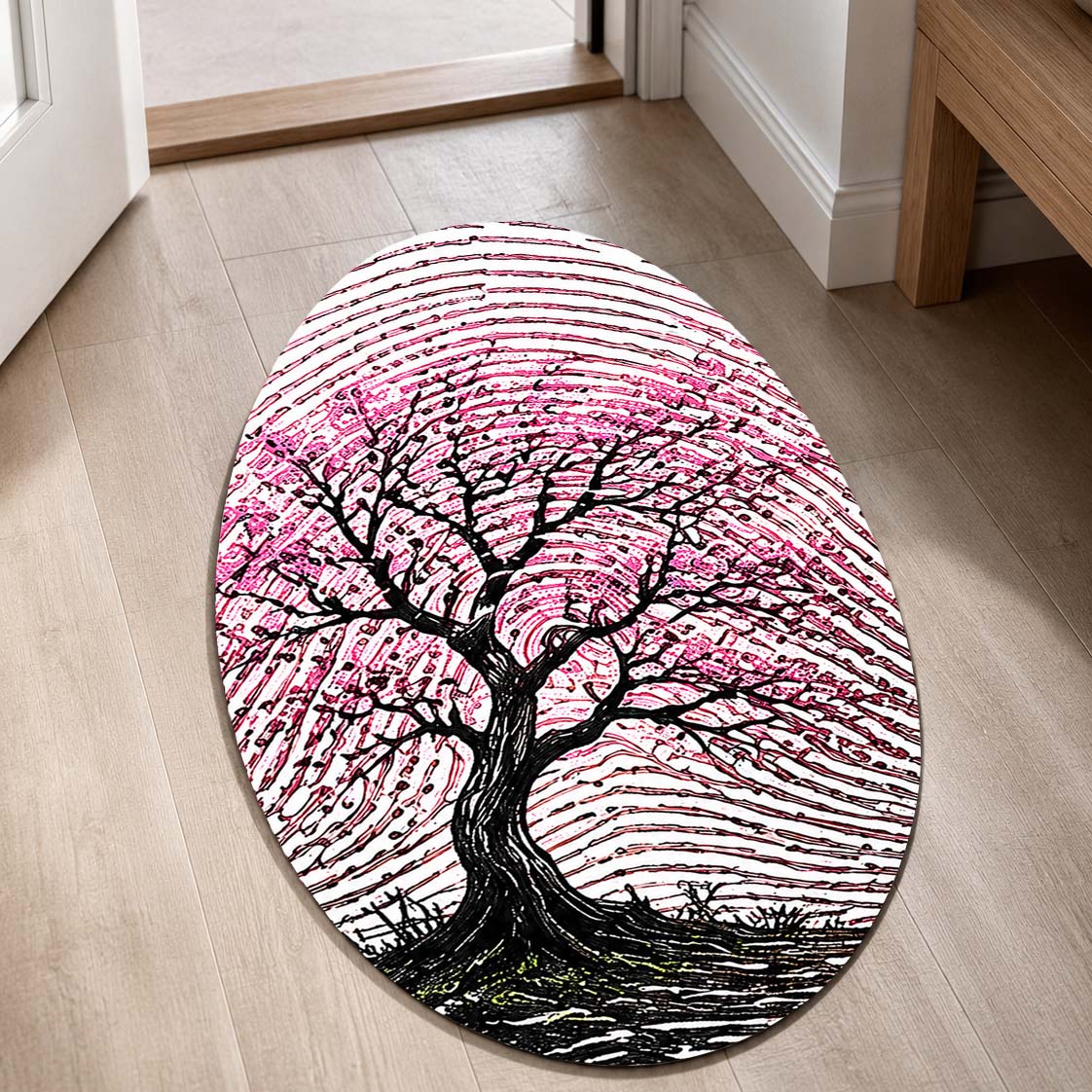 Pink Blossom Tree Fingerprint Shape Flat Rug | Cherry Blossom Oval Area Flat Rug | Artistic Fingerprint Nature Flat Rug for Modern Home Décor