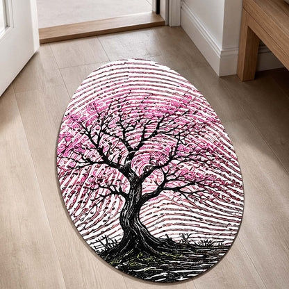 Pink Blossom Tree Fingerprint Shape Flat Rug | Cherry Blossom Oval Area Flat Rug | Artistic Fingerprint Nature Flat Rug for Modern Home Décor