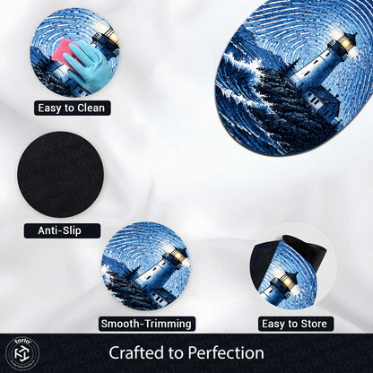 Blue Lighthouse Fingerprint Shape Flat Rug | Coastal Lighthouse Oval Area Flat Rug | Ocean Fingerprint Art Flat Rug for Beach House & Modern Home Décor