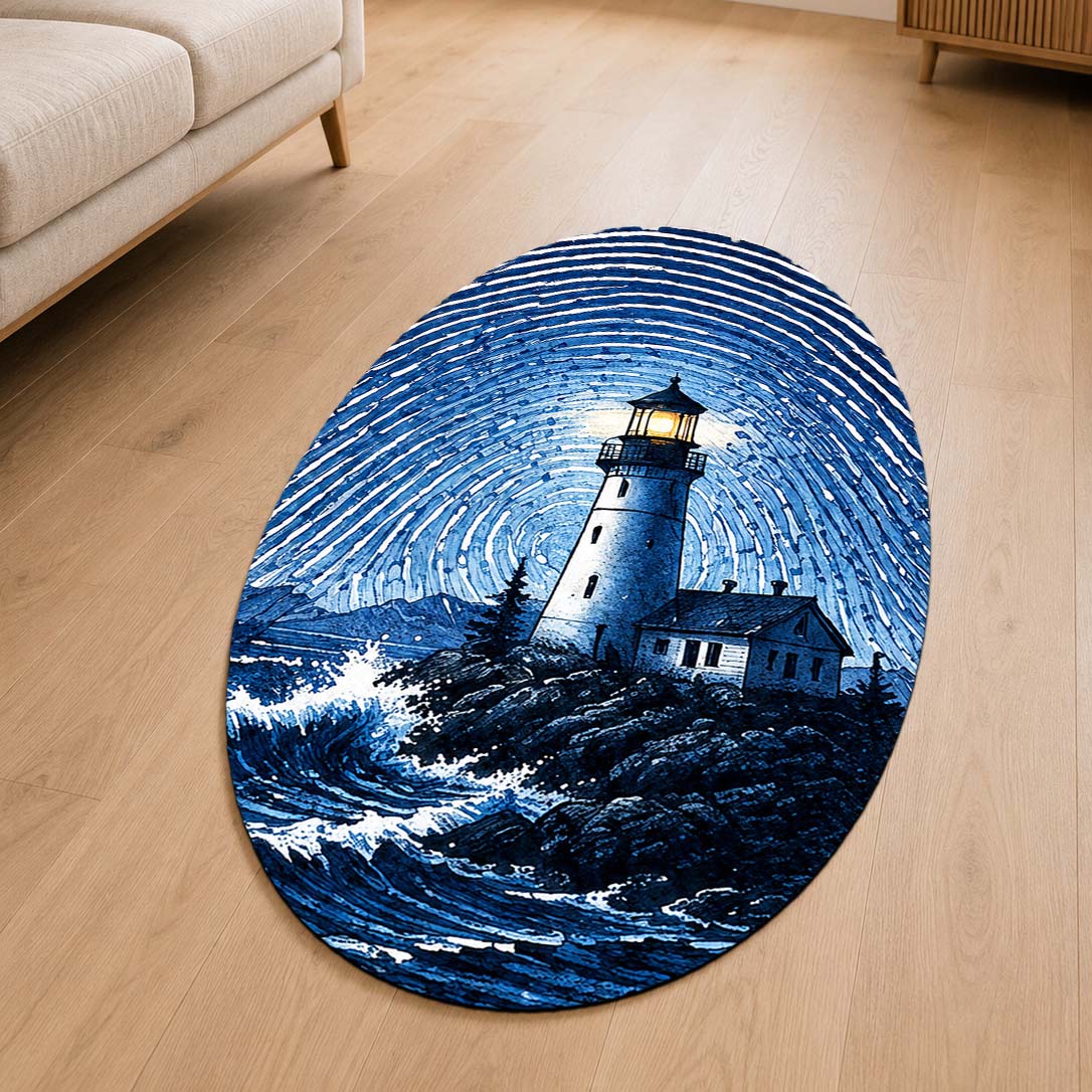 Blue Lighthouse Fingerprint Shape Flat Rug | Coastal Lighthouse Oval Area Flat Rug | Ocean Fingerprint Art Flat Rug for Beach House & Modern Home Décor