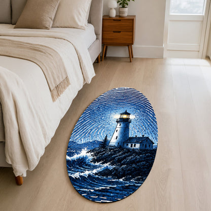 Blue Lighthouse Fingerprint Shape Flat Rug | Coastal Lighthouse Oval Area Flat Rug | Ocean Fingerprint Art Flat Rug for Beach House & Modern Home Décor