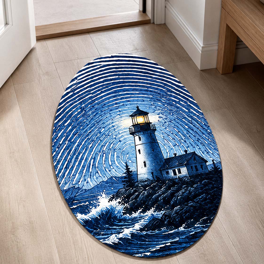 Blue Lighthouse Fingerprint Shape Flat Rug | Coastal Lighthouse Oval Area Flat Rug | Ocean Fingerprint Art Flat Rug for Beach House & Modern Home Décor