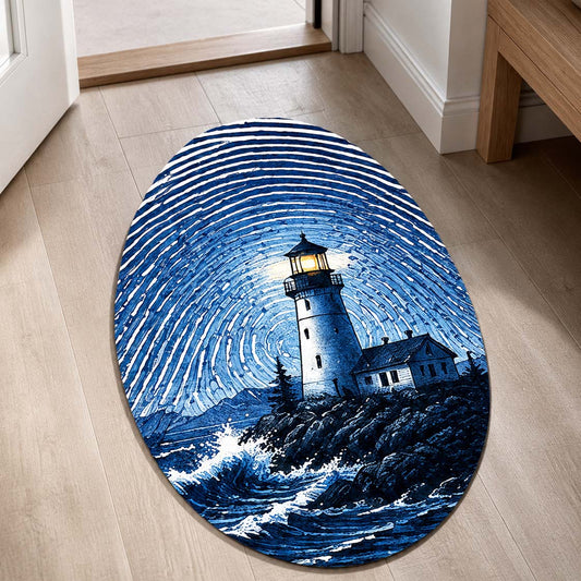 Blue Lighthouse Fingerprint Shape Flat Rug | Coastal Lighthouse Oval Area Flat Rug | Ocean Fingerprint Art Flat Rug for Beach House & Modern Home Décor