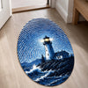 Blue Lighthouse Fingerprint Shape Flat Rug | Coastal Lighthouse Oval Area Flat Rug | Ocean Fingerprint Art Flat Rug for Beach House & Modern Home Décor