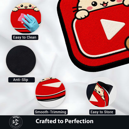 Cute YouTube Cat Logo Flat Rug | Kawaii Video Platform Flat Rug | Red Kitty Floor Mat for Bedroom, Gaming Room & Cute Room Decor