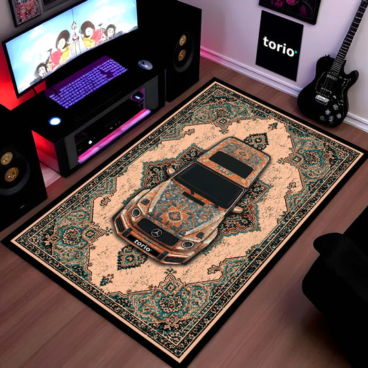 Mercedes-Benz Persian Heritage Area Flat Rug | Luxury Sports Car Floor Mat | Vintage Teal & Beige Automotive Flat Rug for Bedroom, Gaming Room, Garage & Car Enthusiast Decor