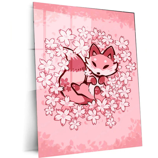 Cherry Blossom Fox | Serenity & Soft Nature Metal Frame Peaceful Aesthetic Wall Art - TURTLEWINGS