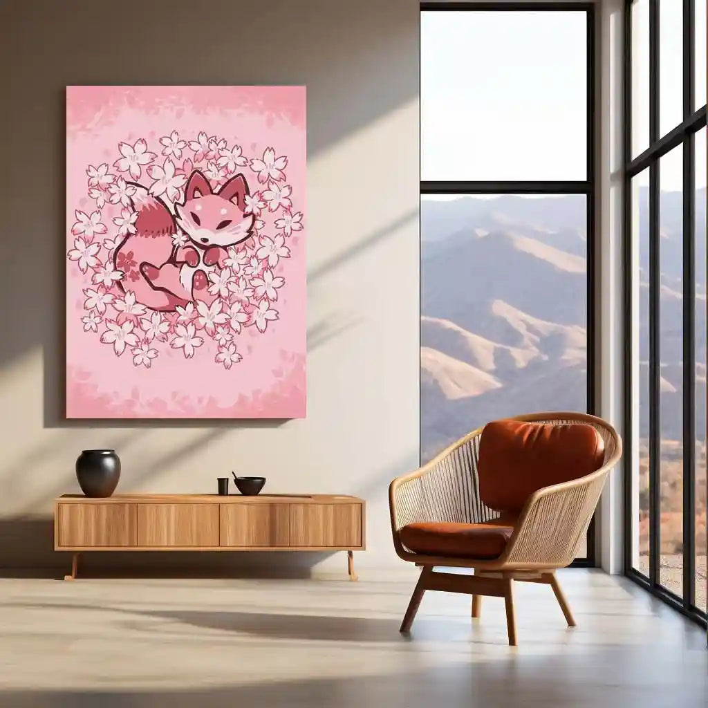 Cherry Blossom Fox | Serenity & Soft Nature Metal Frame Peaceful Aesthetic Wall Art - TURTLEWINGS