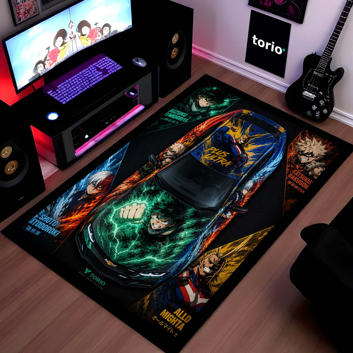 My Hero Academia Chevrolet Camaro Anime Area Flat Rug | Deku Midoriya Hero Floor Mat | MHA Gaming Flat Rug for Bedroom, Gaming Room, Anime Setup & Otaku Decor