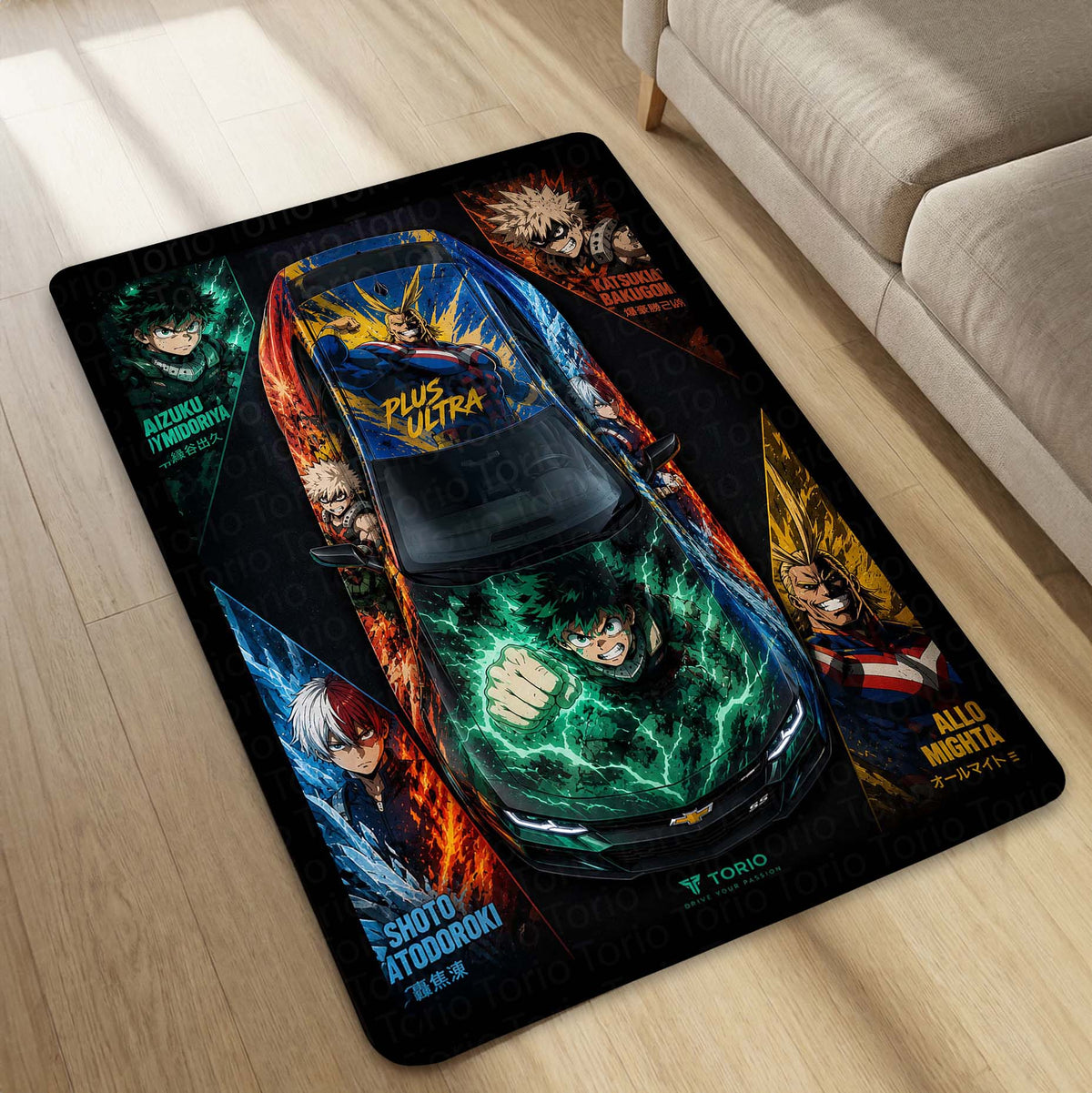 My Hero Academia Chevrolet Camaro Anime Area Flat Rug | Deku Midoriya Hero Floor Mat | MHA Gaming Flat Rug for Bedroom, Gaming Room, Anime Setup & Otaku Decor