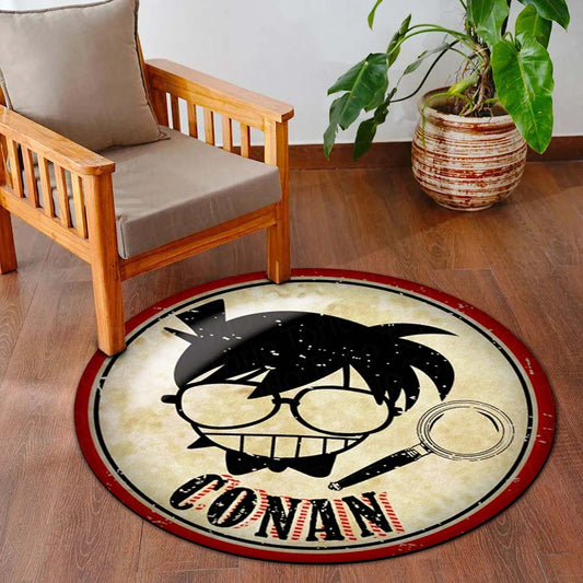 Detective Conan Round Flat Rug | Conan Edogawa Anime Circle Floor Mat | Anti-Slip 3 mm Absorbent Flat Rug for Bedroom, Gaming Room & Manga Decor