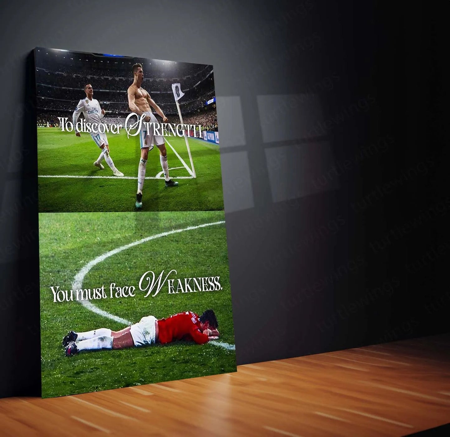 Quote Metal Poster | Cristiano Ronaldo – To Discover Strength, You Must Face Weakness | Champion Mindset Metal Frame - TURTLEWINGS 