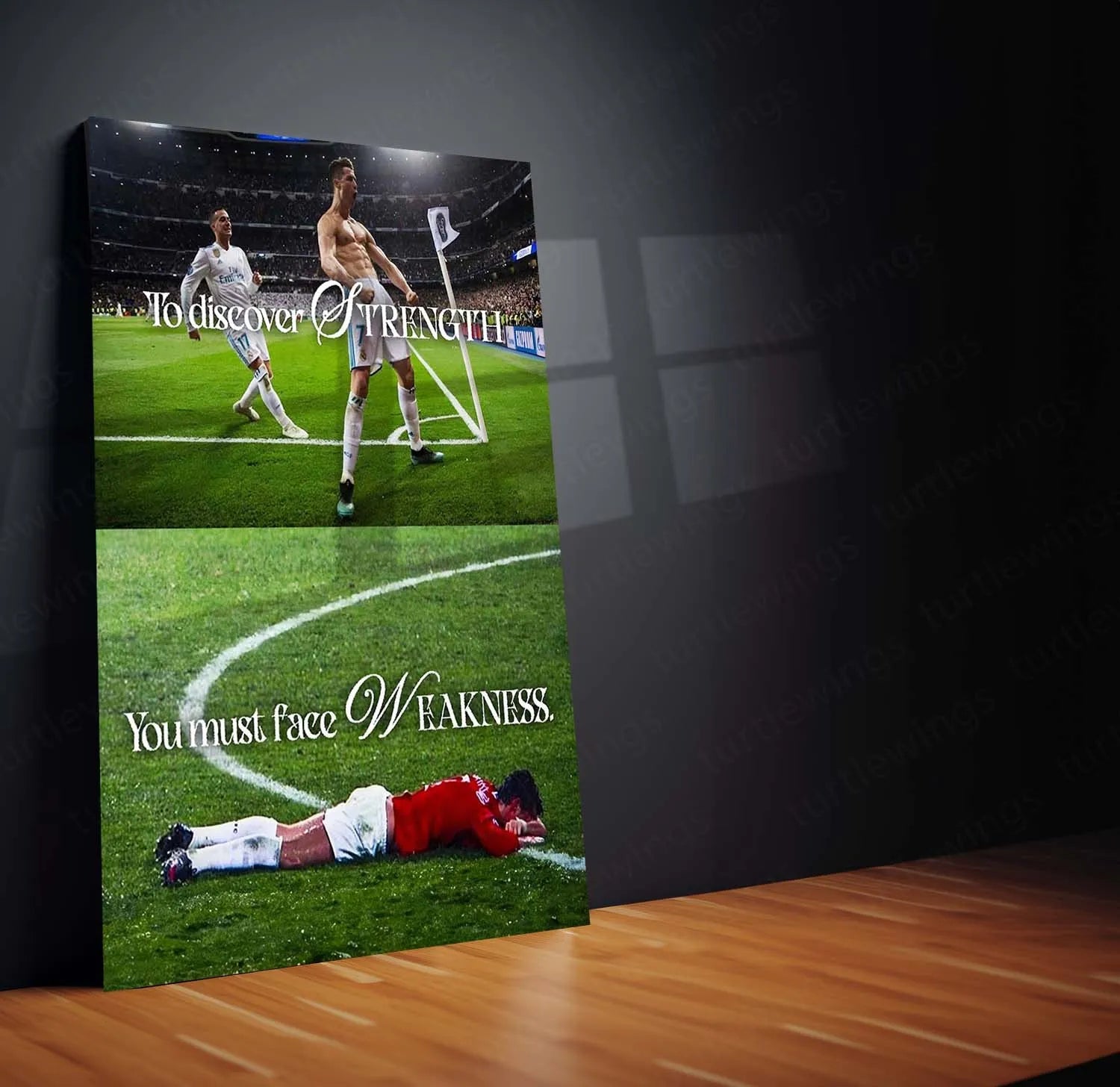 Quote Metal Poster | Cristiano Ronaldo – To Discover Strength, You Must Face Weakness | Champion Mindset Metal Frame - TURTLEWINGS 