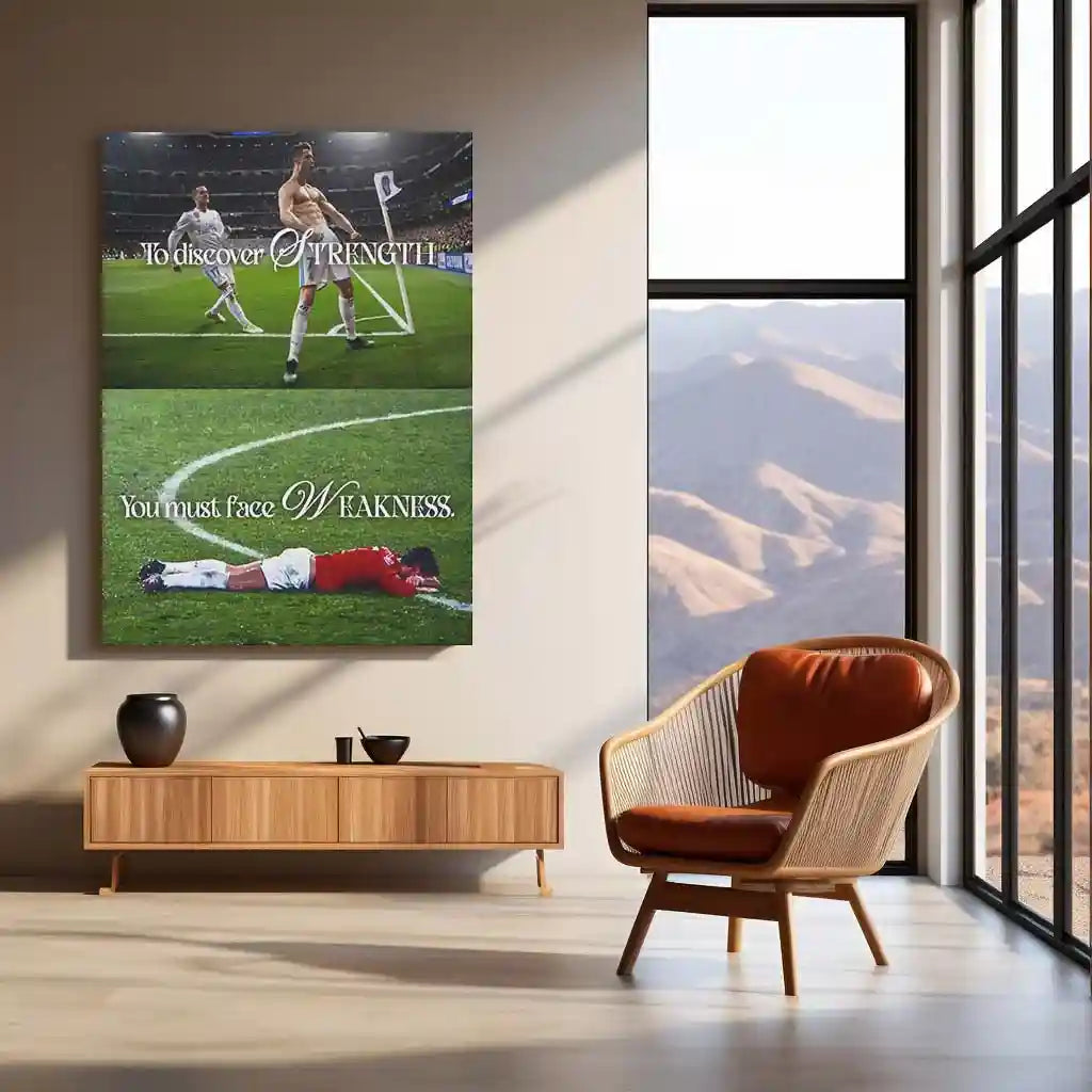 Quote Metal Poster | Cristiano Ronaldo – To Discover Strength, You Must Face Weakness | Champion Mindset Metal Frame - TURTLEWINGS 