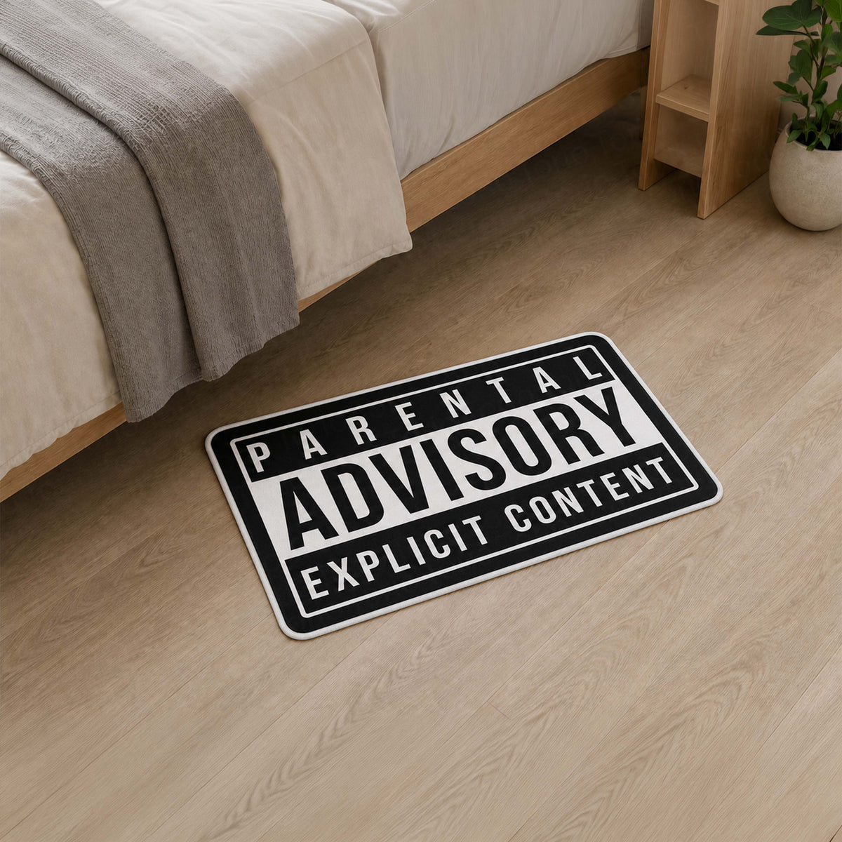 Parental Advisory Explicit Content Flat Rug | Iconic Music Label Inspired Black & White Floor Decor | Hip Hop Album Cover Style Flat Rug