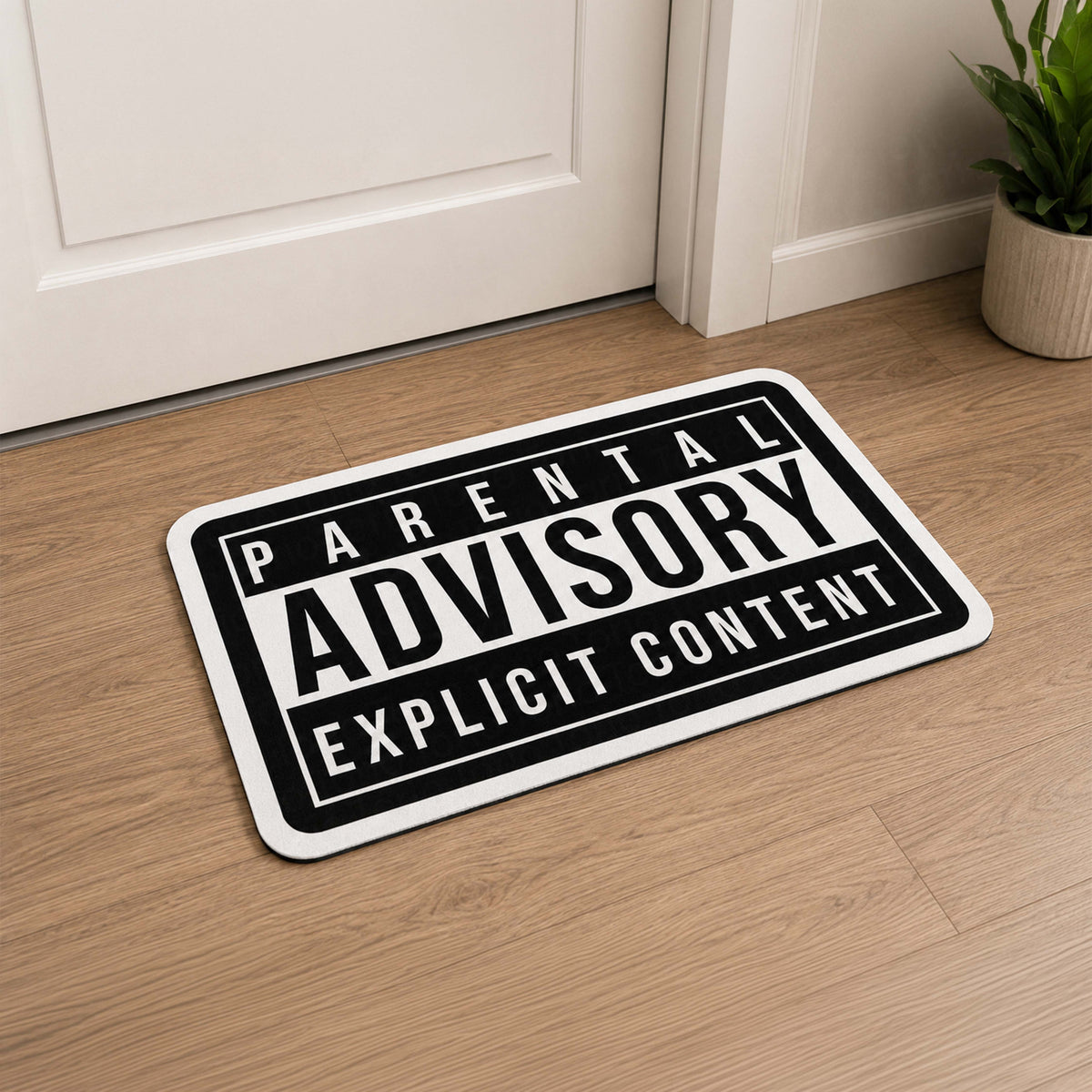 Parental Advisory Explicit Content Flat Rug | Iconic Music Label Inspired Black & White Floor Decor | Hip Hop Album Cover Style Flat Rug