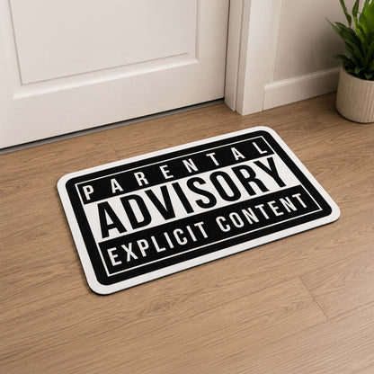 Parental Advisory Explicit Content Flat Rug | Iconic Music Label Inspired Black & White Floor Decor | Hip Hop Album Cover Style Flat Rug