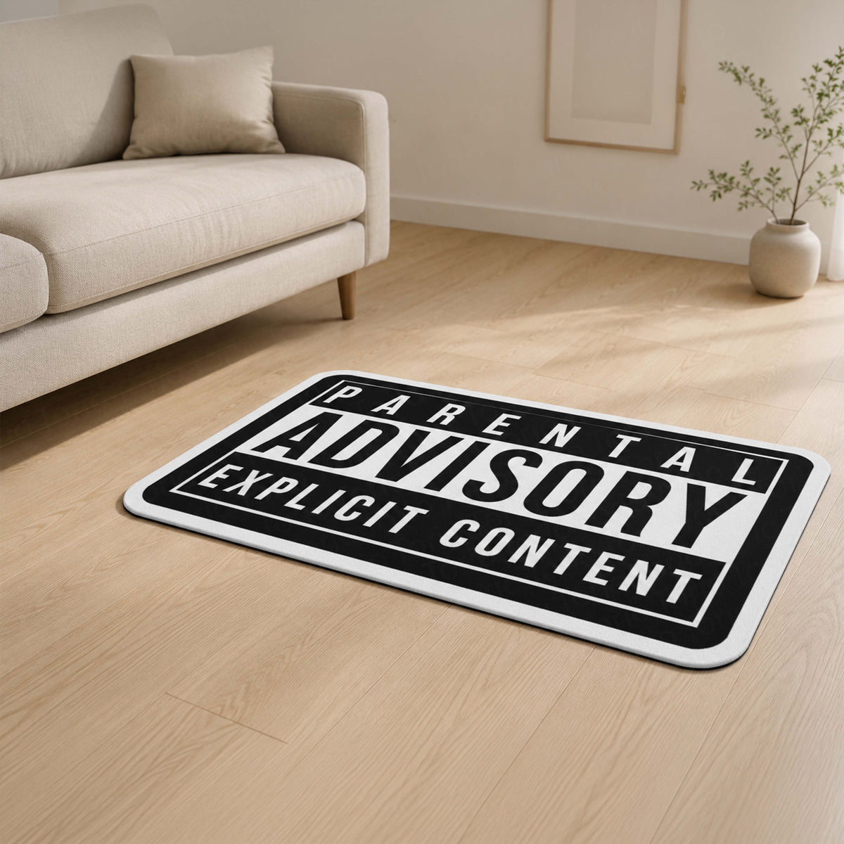 Parental Advisory Explicit Content Flat Rug | Iconic Music Label Inspired Black & White Floor Decor | Hip Hop Album Cover Style Flat Rug