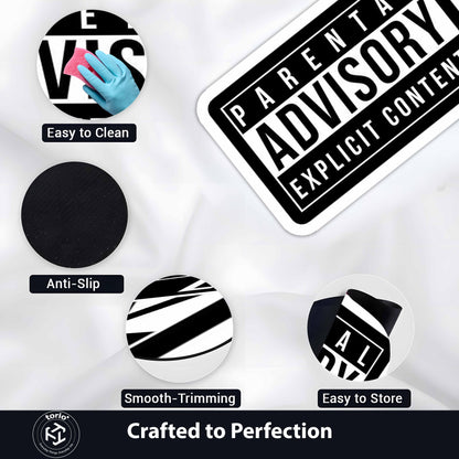Parental Advisory Explicit Content Flat Rug | Iconic Music Label Inspired Black & White Floor Decor | Hip Hop Album Cover Style Flat Rug