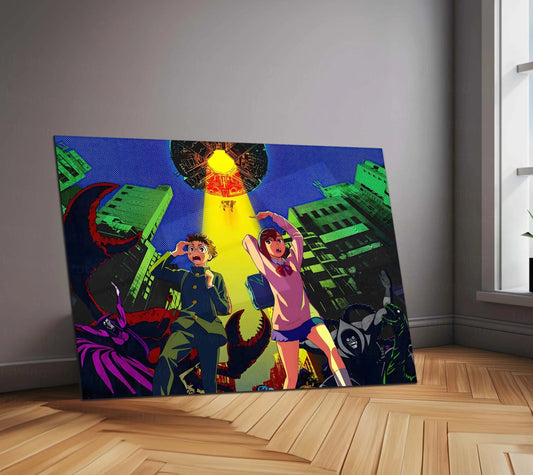 Anime Metal Poster | Dandadan – Alien Invasion Metal Poster | Sci-Fi Supernatural Anime Wall Frame - TURTLEWINGS