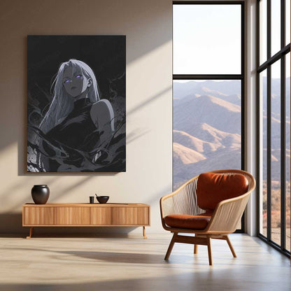 Anime Metal Poster | Dark Aura Anime Girl Monochrome Fantasy Wall Art