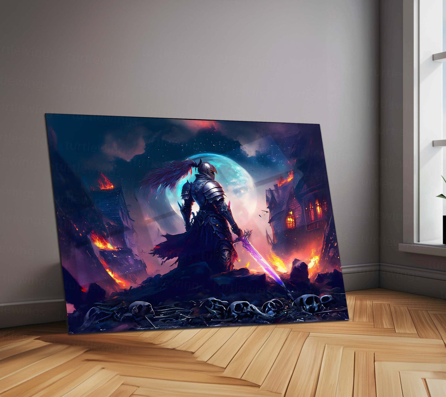 Dark Knight With Burning Village Metal Poster | Epic Fantasy Warrior Wall Art